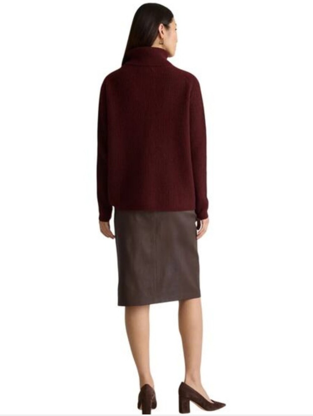 Quince Women's 100% Cashmere Ribbed Turtleneck Fisherman Sweater: Deep Burgundy - Picture 2 of 6